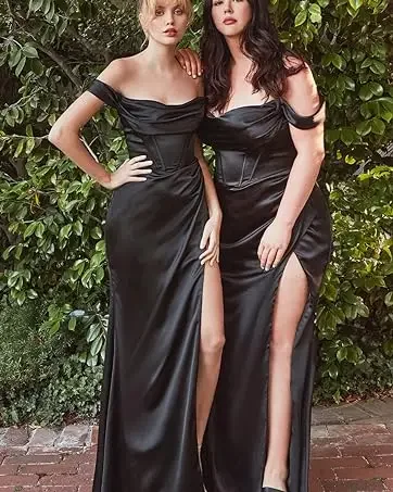 Off Shoulder Bridesmaid Prom Dresses for Women Satin Long Formal Wedding Evening Party Gowns Dress with Slit vestido formal