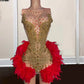 Luxury Gold Birthday Dresses With Red Feathers Diamond Short Prom Dress For Black Girls Party Gowns Vestidos De Gala