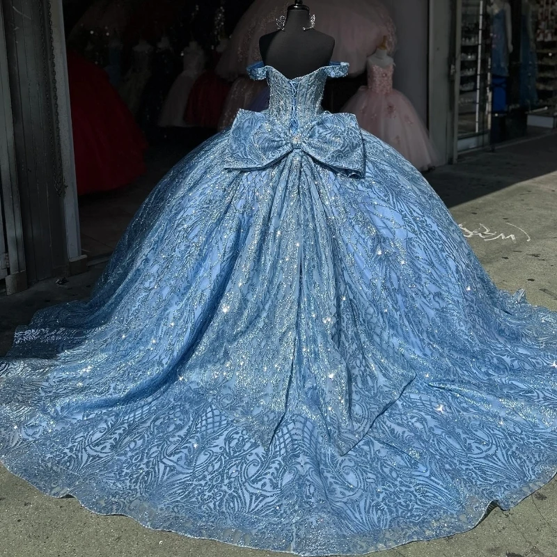 Sparkly Sky Blue Princess Quinceanera Dresses Off Shoulder Ball Gown Glitter Appliques Lace Crystals Beads Tull Sweet 15th Dress
