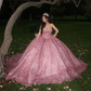 Pink Shiny Off The Shoulder Ball Gown Quinceanera Dresses Sweetheart Sequined Beads Crystal Lace Tull Corset Vestidos De 15 Años
