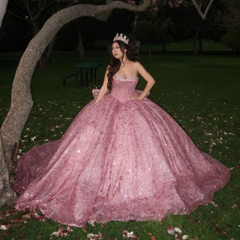 Pink Shiny Off The Shoulder Ball Gown Quinceanera Dresses Sweetheart Sequined Beads Crystal Lace Tull Corset Vestidos De 15 Años