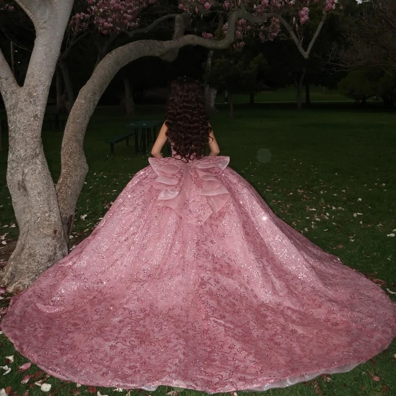 Pink Shiny Off The Shoulder Ball Gown Quinceanera Dresses Sweetheart Sequined Beads Crystal Lace Tull Corset Vestidos De 15 Años