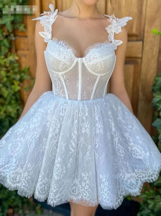 Illusion Appliques Lace Homecoming Dress Pastrol Sweetheart Neck Spaghetti Straps Prom Dress Bohemian Vestidos De Novia