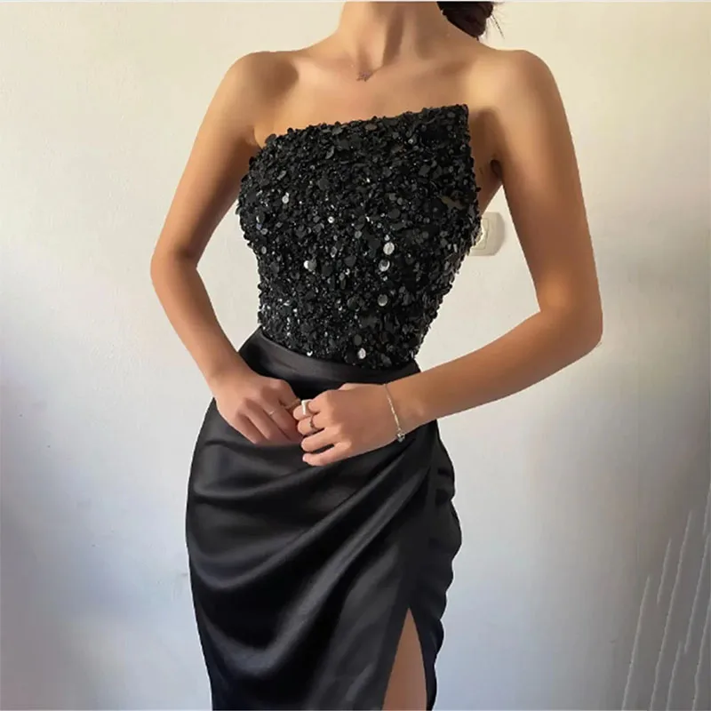 Shiny Black Evening Birthday Dress Strapless Side Split Sequins Mermaid Formal Party Prom Gowns Vestidos De Gala Robe De Soiree