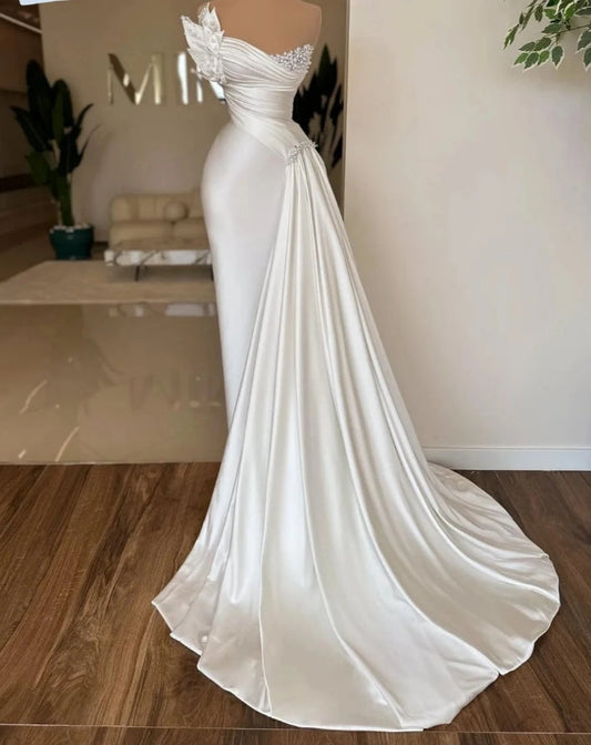 White Satin A-line Wedding Dresses Pearls Sweetheart Neck Dress For Bride Elegant Floor-length Bridal Gown Vestido De Novia