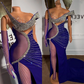 Sparkly Beaded Prom Dresses Illusion Long Gloves Prom Gown High Split Sexy Blue Strapless Evening Dress For Party Mermaid