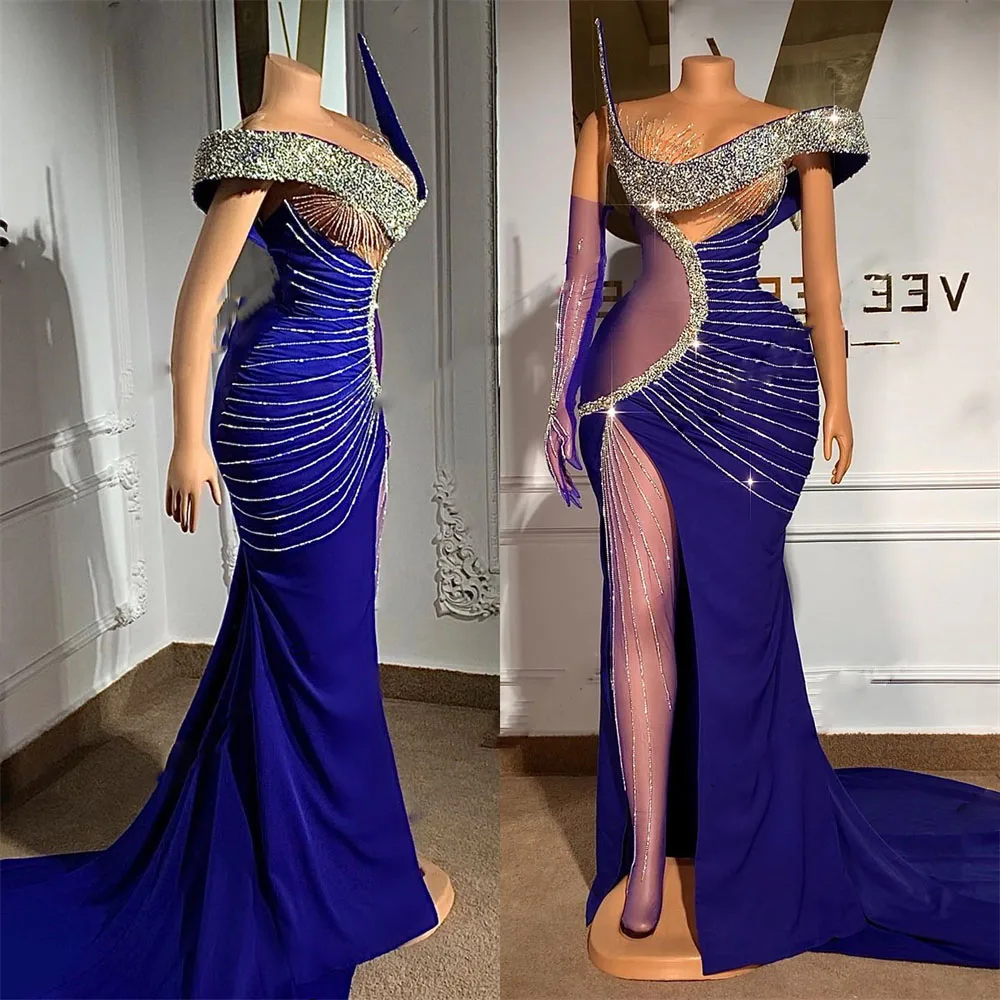 Sparkly Beaded Prom Dresses Illusion Long Gloves Prom Gown High Split Sexy Blue Strapless Evening Dress For Party Mermaid