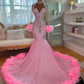 Pretty Pink Feather Train Long Sleeve Rhinestones Prom Dresses Mermaid Elegant Dress For Wedding Party See Through Gowns African