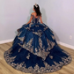 Navy Blue Shiny Quinceanera Dresses With Gold Appliques Lace Beads Lace-Up Sleeveless Corset Prom Sweet 16 Vestido De 15Anos