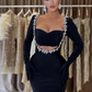 2024 Summer New Women's Black Hollow Sexy Long sleeved Diamond Bandage Knee Length Dress Bodycon Celebrity Party Evening Dress