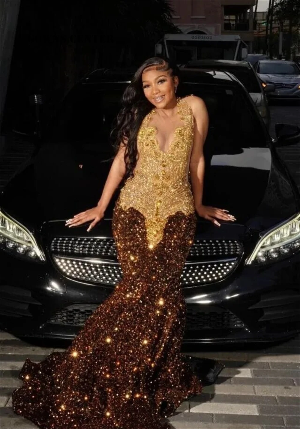 Chocolate Brown Sequin Gold Crystal Beading Prom Dresses Mermaid Elegant Dress For Wedding Party See Through Sexy Gowns African