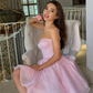 Pink Glitter Tulle Prom Dress Short A Line Shiny Tulle Party Gowns Midi Sweetheart Neck Formal Evening Dress 2024