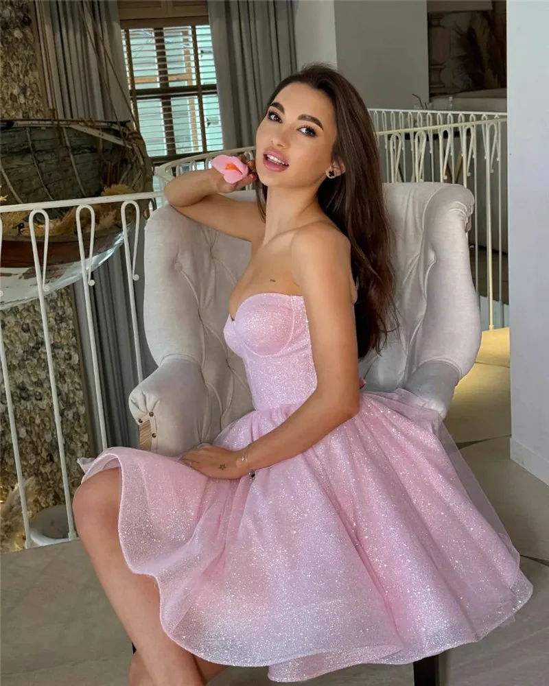 Pink Glitter Tulle Prom Dress Short A Line Shiny Tulle Party Gowns Midi Sweetheart Neck Formal Evening Dress 2024