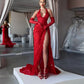 Gorgeous Red Mermaid Evening Gowns 2024 Women's Halter Party Prom Dress High Split Lace Saudi Arabia Special Occasion Gowns