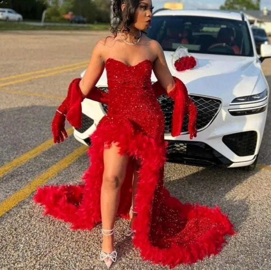 Sparkly Red Mermaid Prom Dress For Black Girl 2024 Sweetheart High Split With Wrap Evening Gowns Robe De Soiree