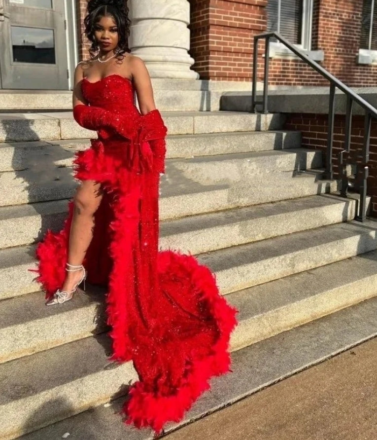 Sparkly Red Mermaid Prom Dress For Black Girl 2024 Sweetheart High Split With Wrap Evening Gowns Robe De Soiree