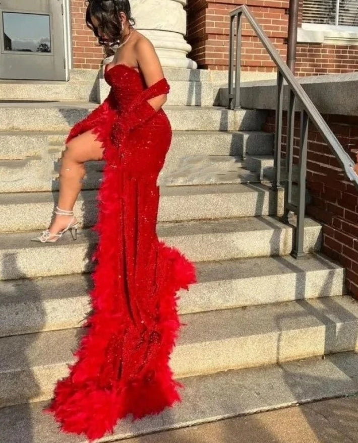 Sparkly Red Mermaid Prom Dress For Black Girl 2024 Sweetheart High Split With Wrap Evening Gowns Robe De Soiree