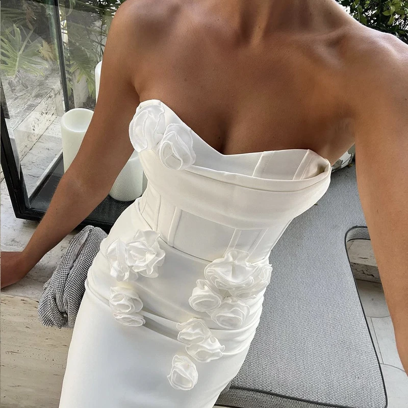 Women's White Flowers Strapless Tight Fashion Sexy Celebrity Cocktail Party Bandage Long Dress