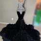 Glitter Black Velvet Mermaid Prom Dresses 2024 Luxury Sheer Neck Crystal Rhinestones Feathers Party Gowns Homecoming Robe De Bal