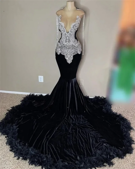 Glitter Black Velvet Mermaid Prom Dresses 2024 Luxury Sheer Neck Crystal Rhinestones Feathers Party Gowns Homecoming Robe De Bal