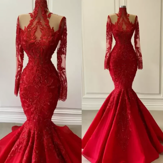 Red Mermaid Evening Dresses Plus Size Long Sleeves Sequins Lace Applique Prom Party Gown vestido Formal Occasion Wear