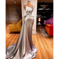 Silver Evening Dresses with Crystal Satin One Shoulder Mermaid Prom Dress for Elegant Women Ruffles Formal Robe De Soiree 2024