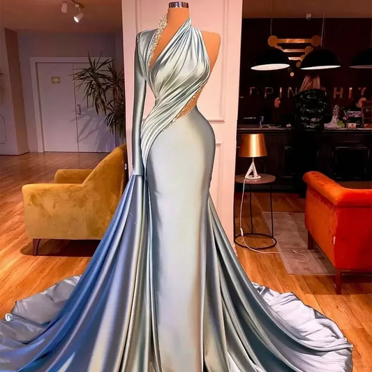 Classic fashion mermaid single rotator cuff pleated sexy bag hip floor-length evening dress Celebrity robe Formal occasion party