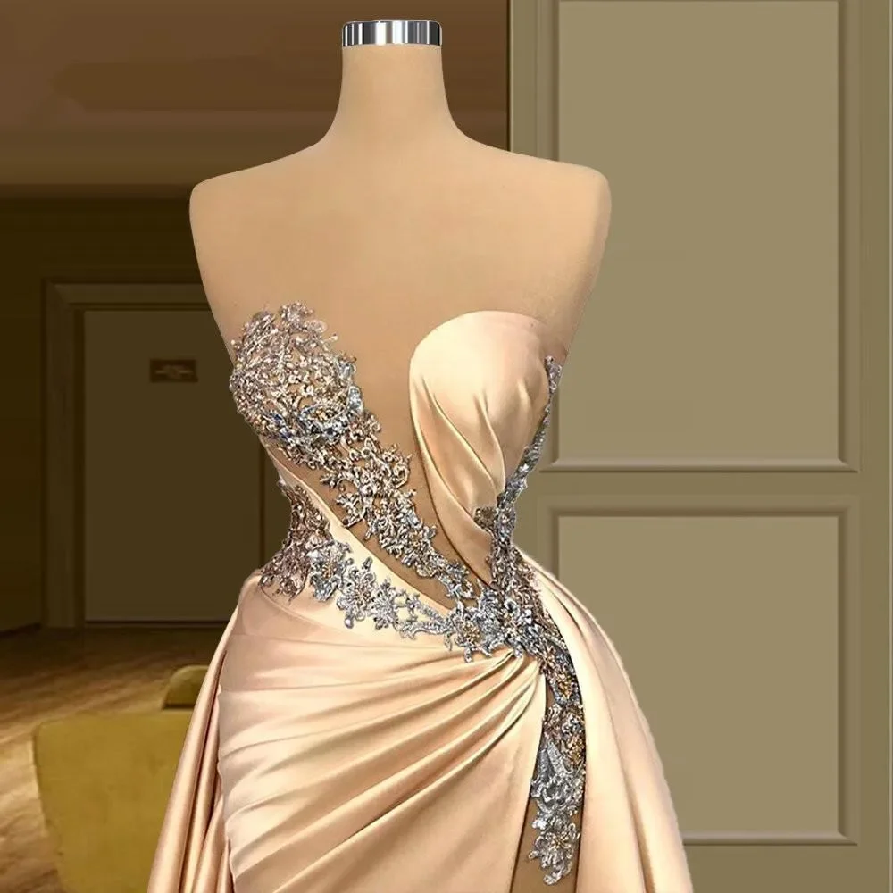 2024 Champagne Gold Evening Dresses Sexy Illusion Mermaid Prom Gown Applique Beading High Split Satin Party Gowns With Overskirt