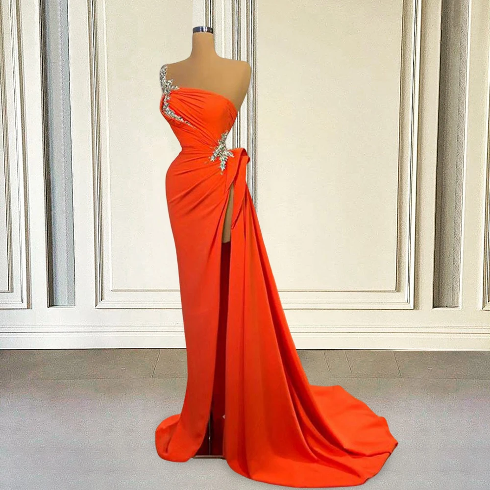 Orange One Shoulder Evening Dresses Formal Long Elegent Beaded With High Slit Arabic Dubai Women Prom Gowns Robe De Soirée