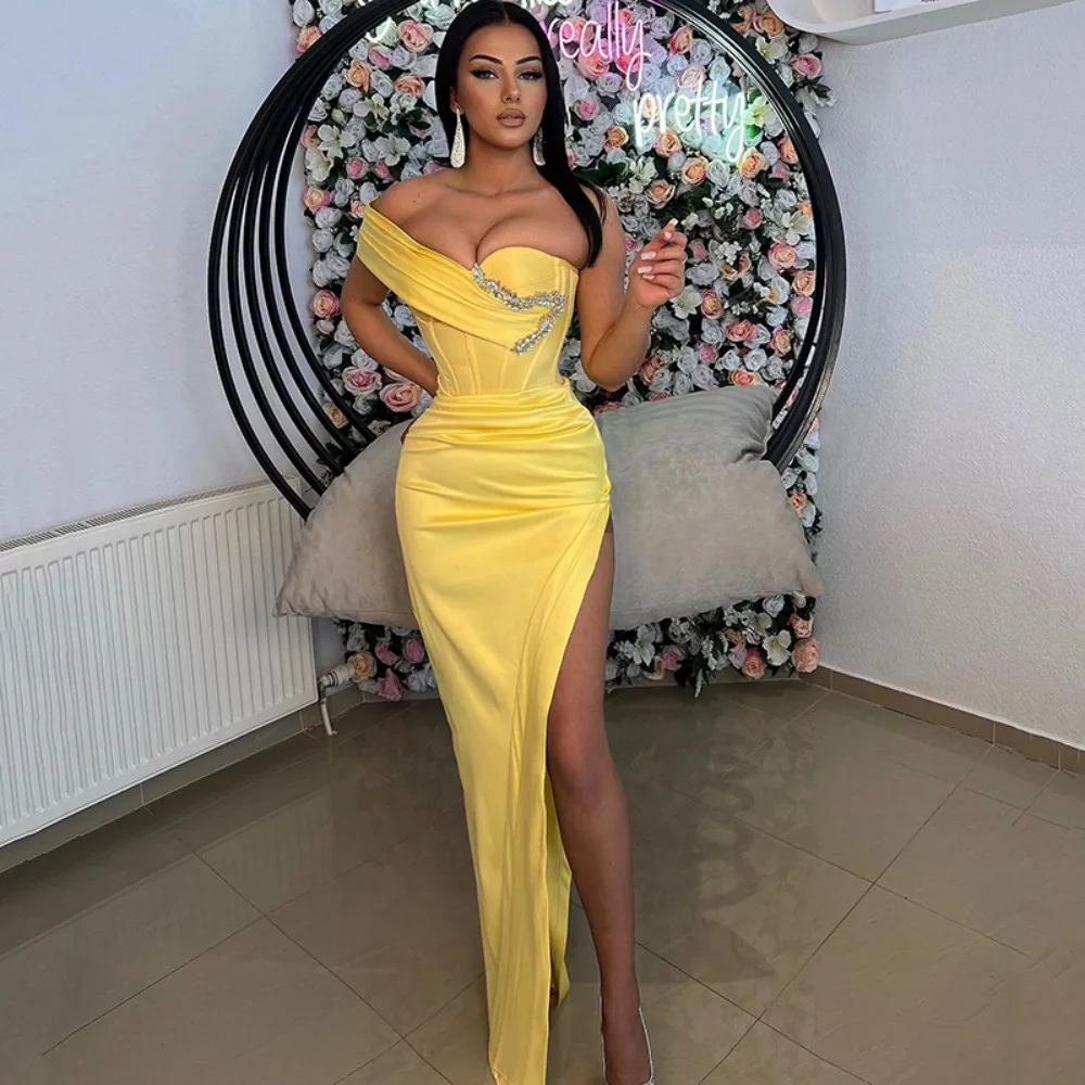 One Shoulder Satin Night Evening Dress Formal Side Slit Cocktail Party Prom Gown Plus Size Yellow Mermaid Prom Dresses