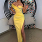 One Shoulder Satin Night Evening Dress Formal Side Slit Cocktail Party Prom Gown Plus Size Yellow Mermaid Prom Dresses