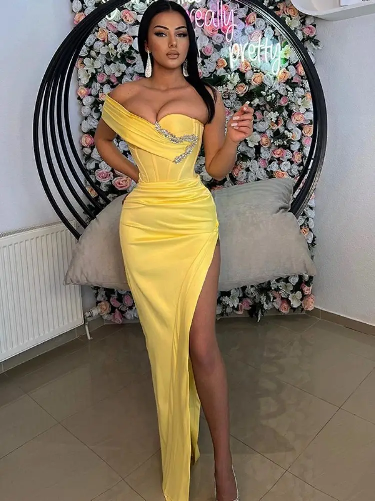 One Shoulder Satin Night Evening Dress Formal Side Slit Cocktail Party Prom Gown Plus Size Yellow Mermaid Prom Dresses