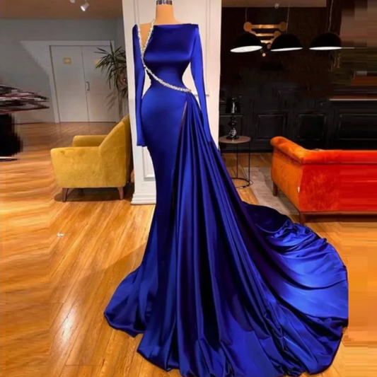 Vestidos De Noche Largos Modest Evening Dresses Long Sleeves Royal Blue Beaded Luxury Formal Party Gowns Women Robe De Soiree