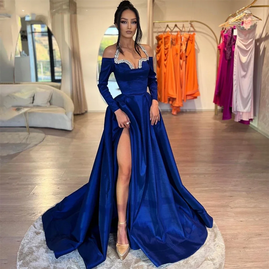 Royal Blue Glitter Formal Evening Dresses Beadings Halter A-Line High Side Slit Prom Dress Pageant 2024 Party Gowns