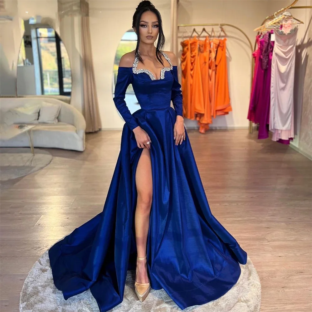 Royal Blue Glitter Formal Evening Dresses Beadings Halter A-Line High Side Slit Prom Dress Pageant 2024 Party Gowns