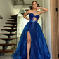 Royal Blue Mermaid Evening Dress with Glitter Detachable Overskirt Beaded Straps Formal Party Prom Gowns Split Special Occasion