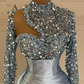 Shiny Sequined Mermaid Evening Dresses High Neck Pearls Beading Full Sleeves Long Prom Party Gowns Vestidos De Ocasião Formal