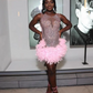 Pink Short Prom Homecoming Dress for Black Girl Sparkly Crystal Feather Sheer Mesh Birthday Celebrity Gown kleider damen
