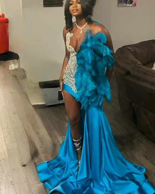 Sky Blue Short Prom Homecoming Dresses with Side Train Sparkly Luxury Diamond Crystal Feather Birthday Party Gown Black Girl