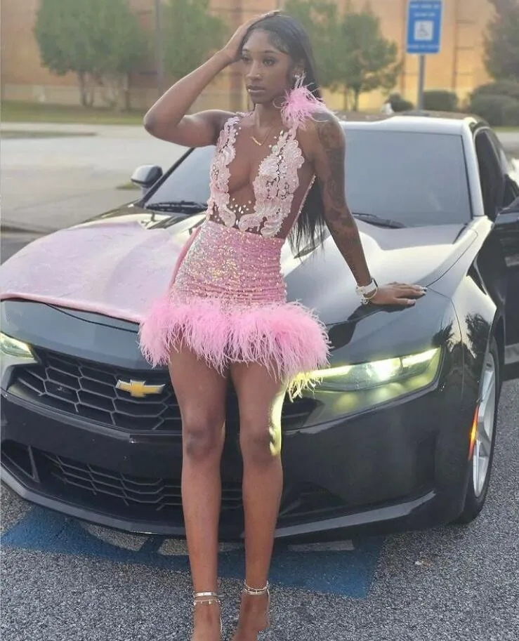 2024 Luxury Short Pink Prom Homecoming Dress with Train Applique Crystal Black Girl Birthday Celebrity Gown vestidos de fiesta