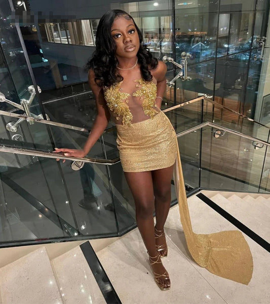 Gold Black Girls Homecoming Dress With Train 2024 Illusion Top Beaded Hoco Birthday Party Evening Dress Sequin