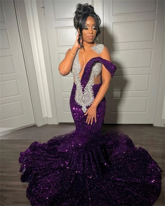 Purple Sequins Mermaid Long Prom Dresses 2024 For Black Girls Luxury Rhinestones Crystals Birthday Party Dress Evening Dress
