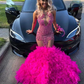 Fuchsia Pink African Prom Dress for Women Sparkly Luxury Diamond Crystal Feather Sheer Mesh Birthday Evening Gown robes de gala