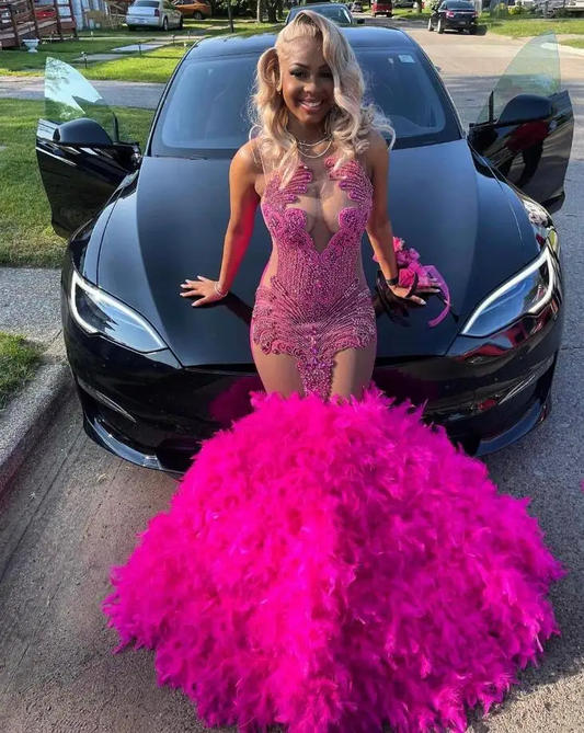 Fuchsia Pink African Prom Dress for Women Sparkly Luxury Diamond Crystal Feather Sheer Mesh Birthday Evening Gown robes de gala