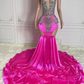 Sheer See Through Pink Prom Dresses Black Girl 2024 Luxury Mermaid Beaded Diamond Formal Evening Birthday Party Gala Gowns