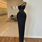 Classy Black One Shoulder Long Evening Dresses Sleeveless Sequins Leafs Bodice Folded Satin Straight Fitted Elegant Party Gowns