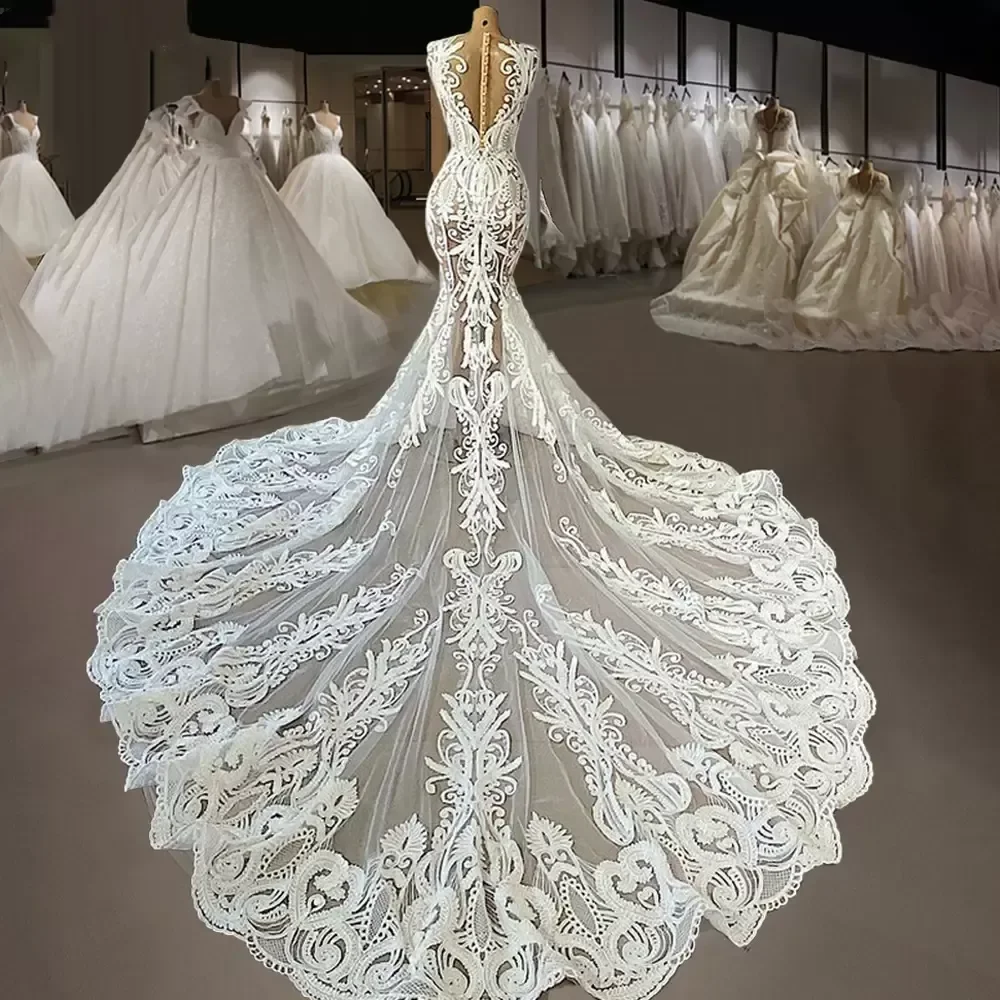 2024 Sexy Mermaid Wedding Dresses Lace Applique Sleeveless Illusion Bodice O-Neck Sweep Train Custom Made Vestido De Novia 2024