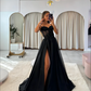 Shiny Tulle Evening Dress 2024 Sexy Black V-Neck StrapLlace Applique Party Dress A-line High Side Slit Formal Occasion Prom Gown