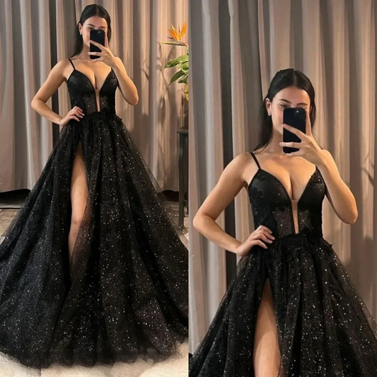 Sweetheart Black Prom Dresses Straps Appliques Glitter Party Evening Gowns Split Formal Red Carpet Long Special Occasion Dress