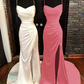 Sheath/Column V Neck Spaghetti Straps Sweep Train Satin Prom Dress With Pleated Split Formal Evening Gowns Backless